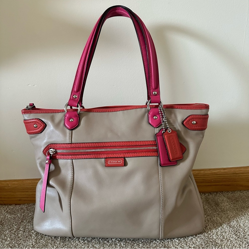 Coach Daisy Spectator Leather Emma Tote in Coral Fuchsia Pink and Tan